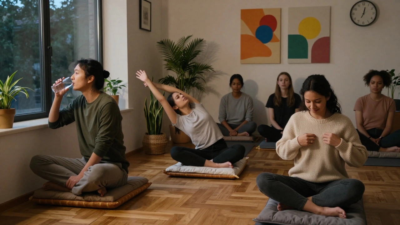 People relaxing quietly after massage sessions in a peaceful spa environment, sipping water and stretching gently.