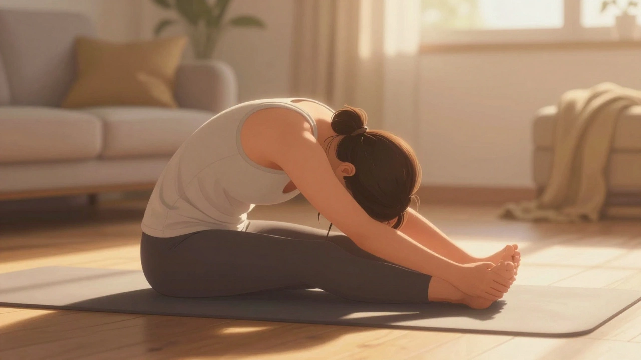 Person gently folding forward while seated on floor, knees bent, back straight.