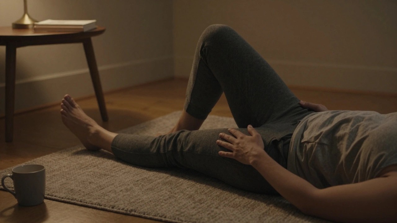 Person lying down doing figure-four hip stretch, calm and relaxed in home setting.
