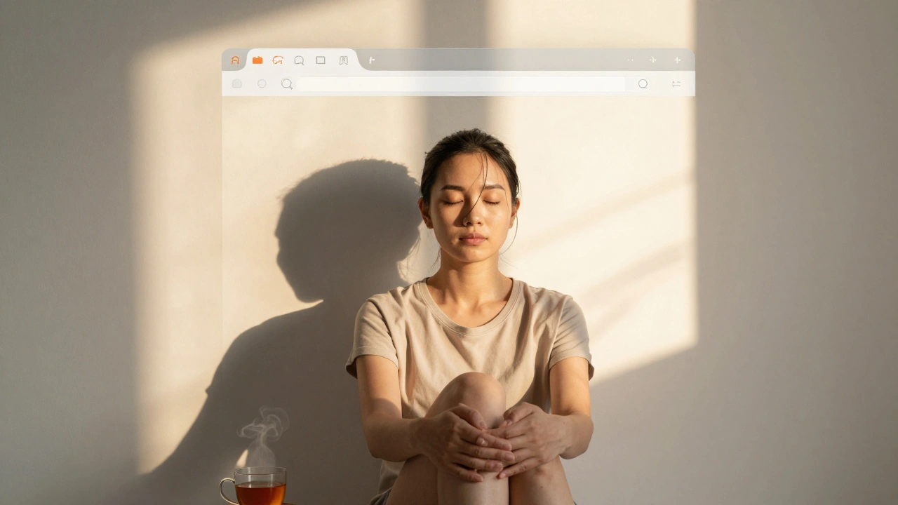 Person sitting peacefully after a massage, shadow showing closed browser tabs on the wall.