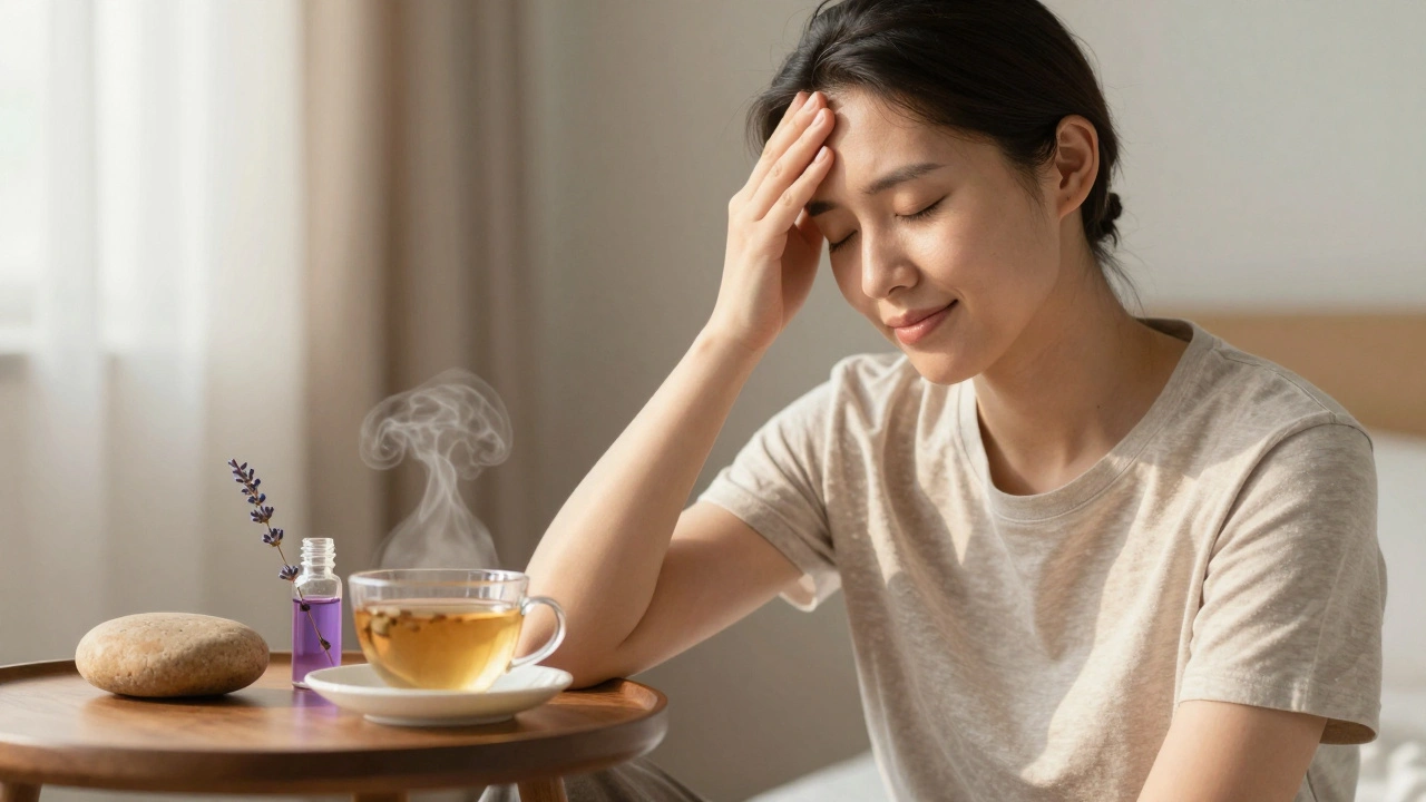 Person sitting peacefully after an aromatherapy massage, hand on forehead, with oil bottle and warm stone on table nearby.