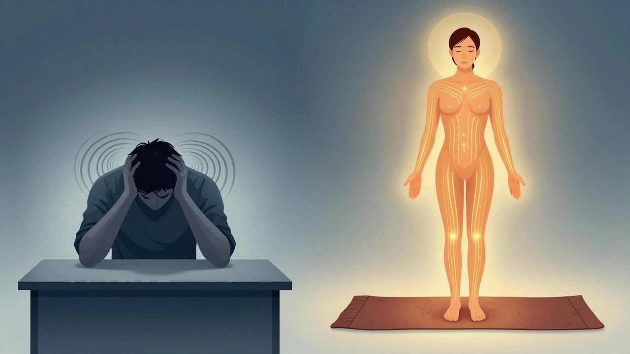 Person transformed from hunched stress to relaxed posture with glowing energy lines symbolizing Thai massage's healing effect.