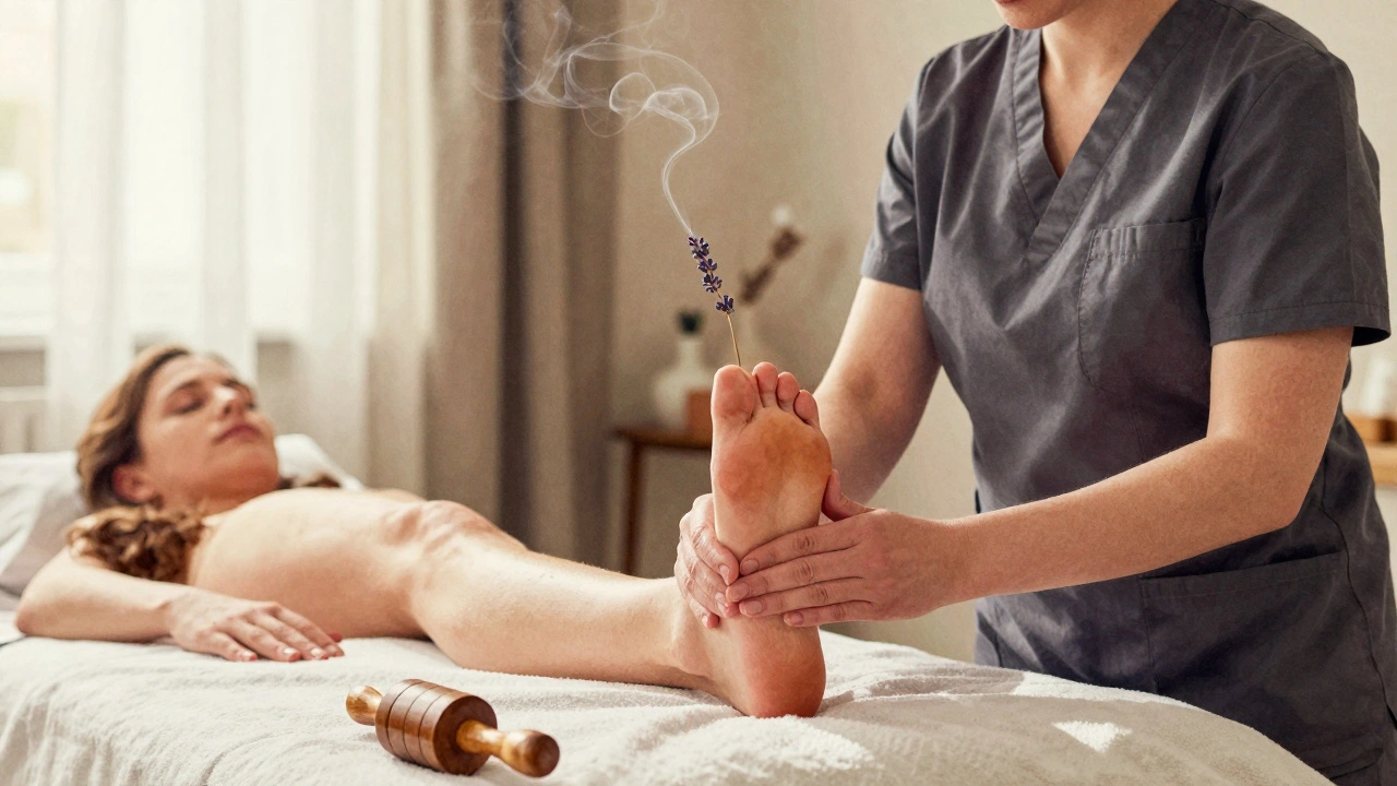 Reflexology therapist gently working on a client's foot in a calm spa setting.
