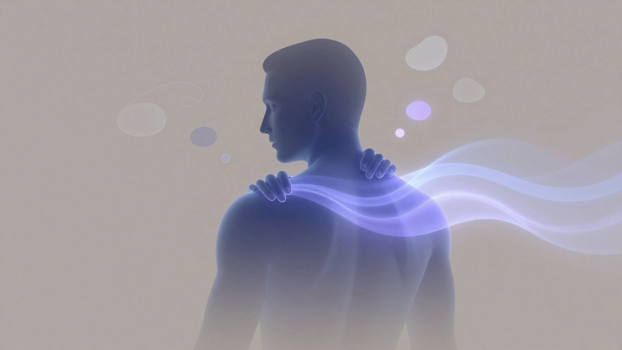 Silhouette of a body with tension dissolving into calming blue and lavender light waves.