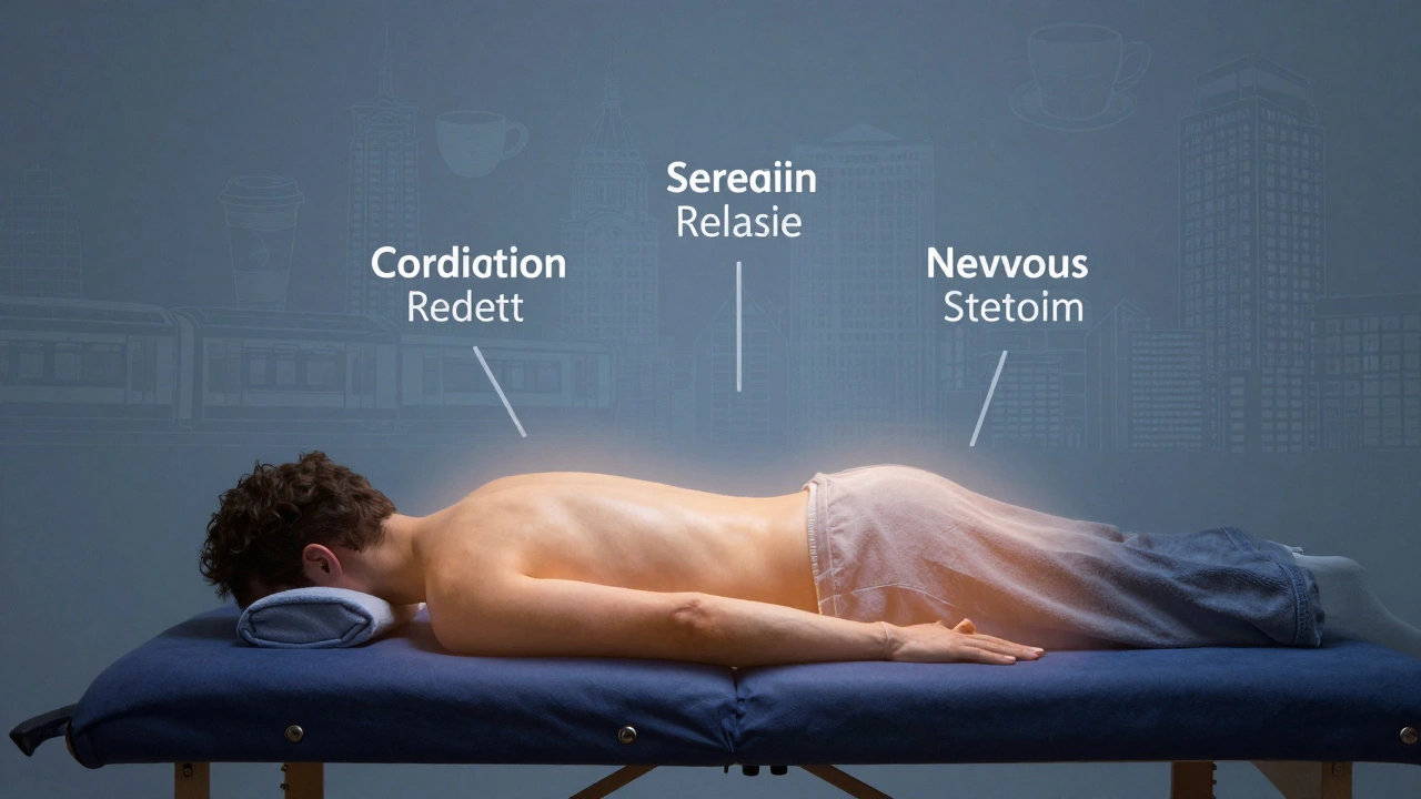 Silhouette of a person receiving massage with glowing symbols of stress relief and nervous system reset.