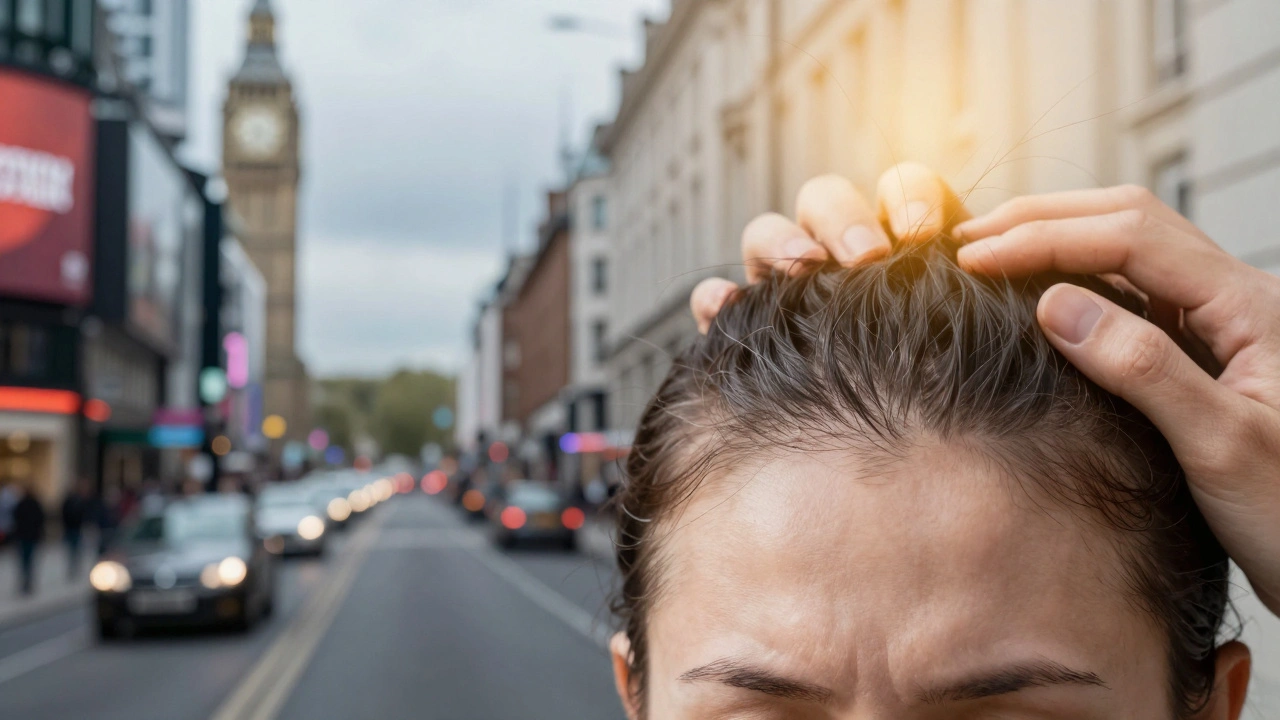 Split image: chaotic London street on one side, serene scalp massage with golden aura on the other, representing stress relief.