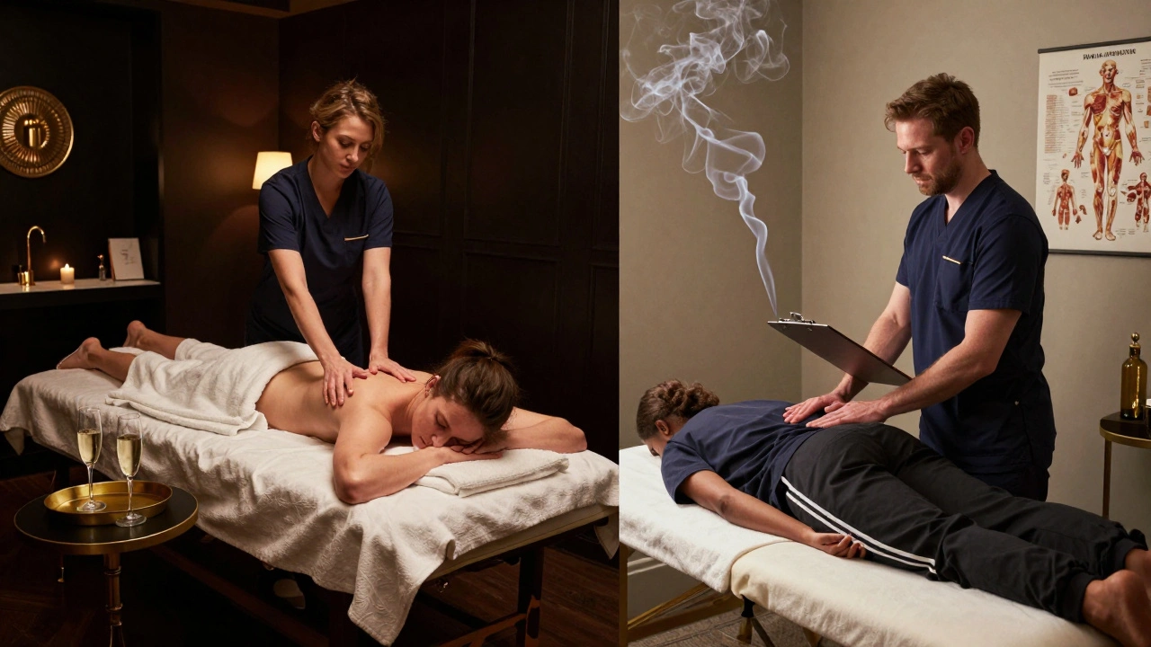 Split image contrasting luxury spa massage with clinical myotherapy in London's diverse wellness scene.