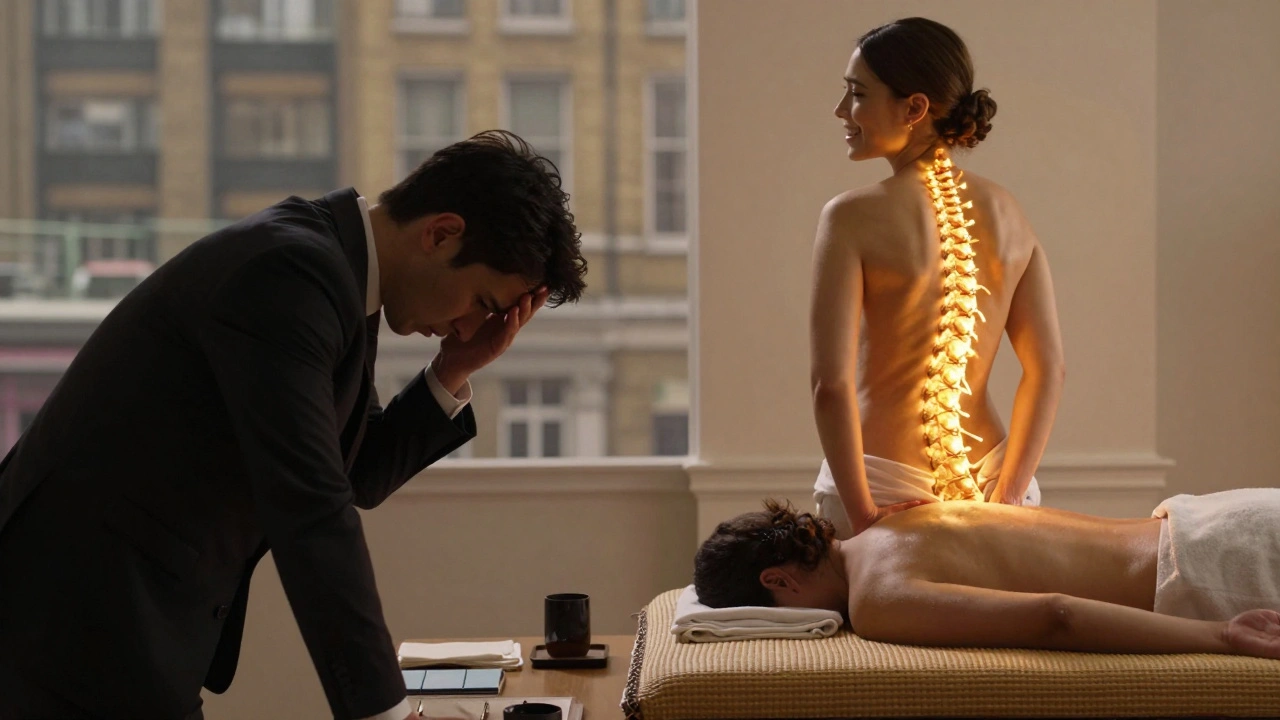 Split image: stressed person at desk vs. relaxed person after Thai massage, symbolizing physical and mental renewal.
