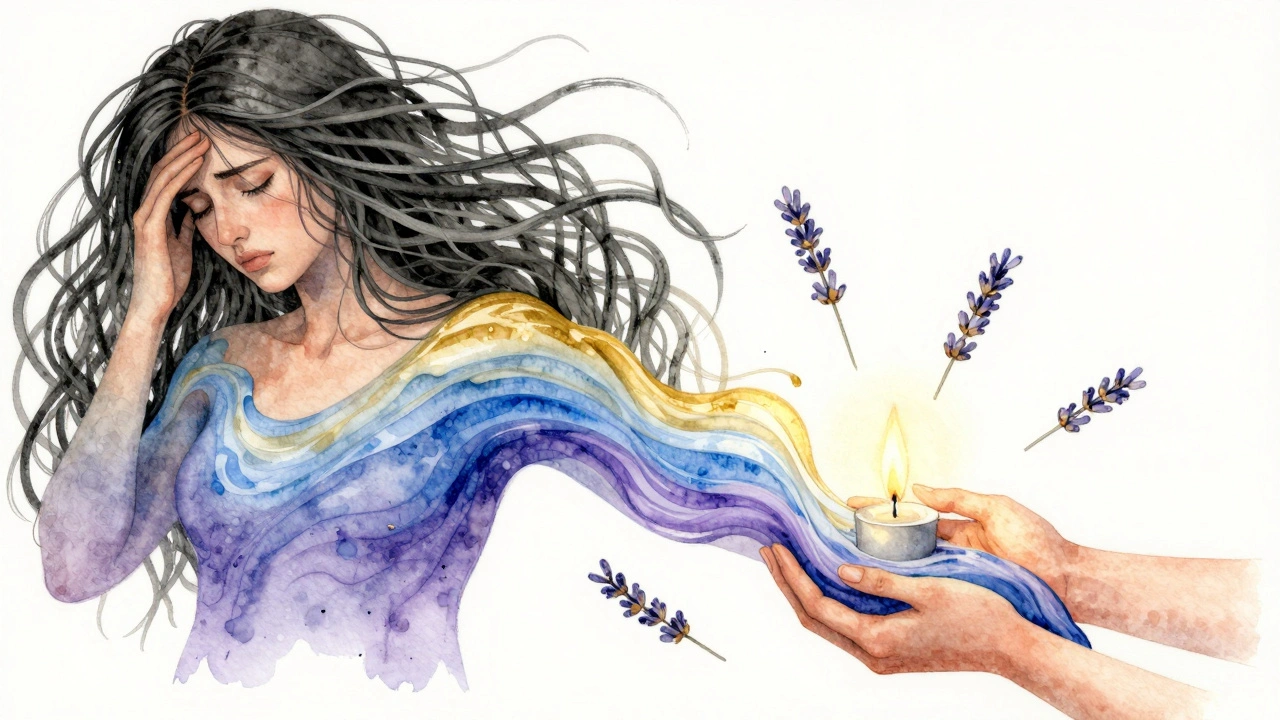 Stress dissolving from a person’s shoulders into calming colors, symbolized by flowing lavender and light.