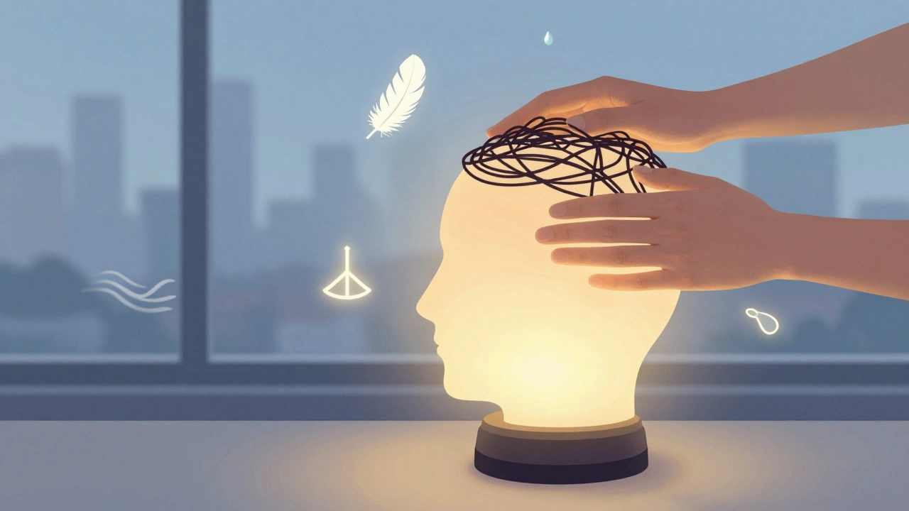 Symbolic illustration of tension being released from a glowing head, with peaceful elements floating around in calm tones.