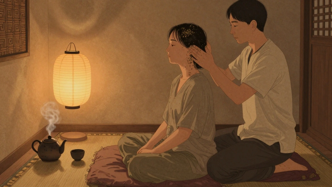 Thai head massage in Camden with therapist applying pressure to scalp and neck, seated on cushion, tea nearby.