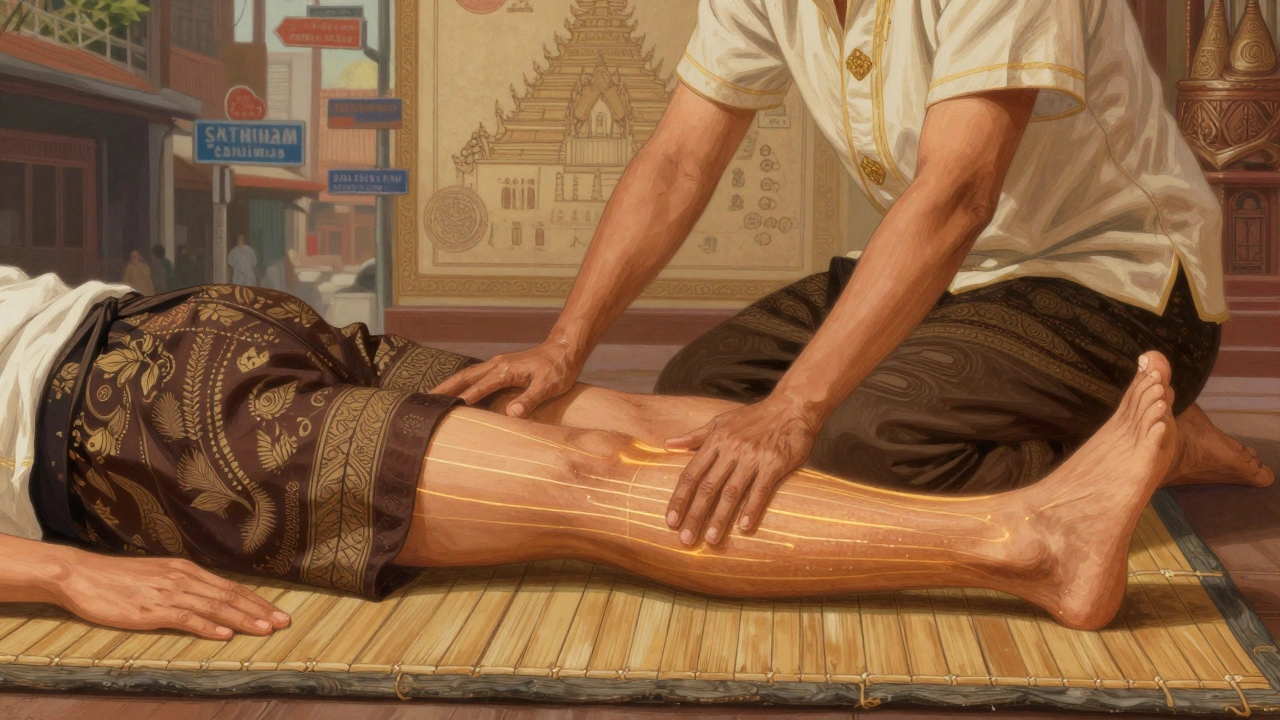 Thai therapist gently stretching a client&#039;s leg on a mat, golden energy lines subtly glowing along the body.