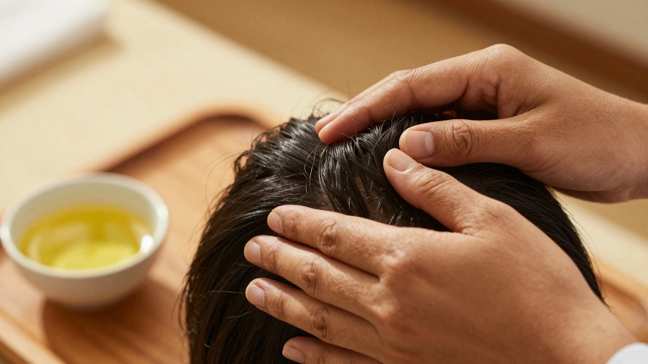 Therapist's hands applying firm, rhythmic pressure to a scalp with warm oil nearby.