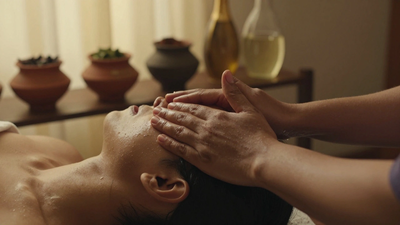 Therapist&#039;s hands performing slow, rhythmic strokes on a client&#039;s scalp with herbal oil.