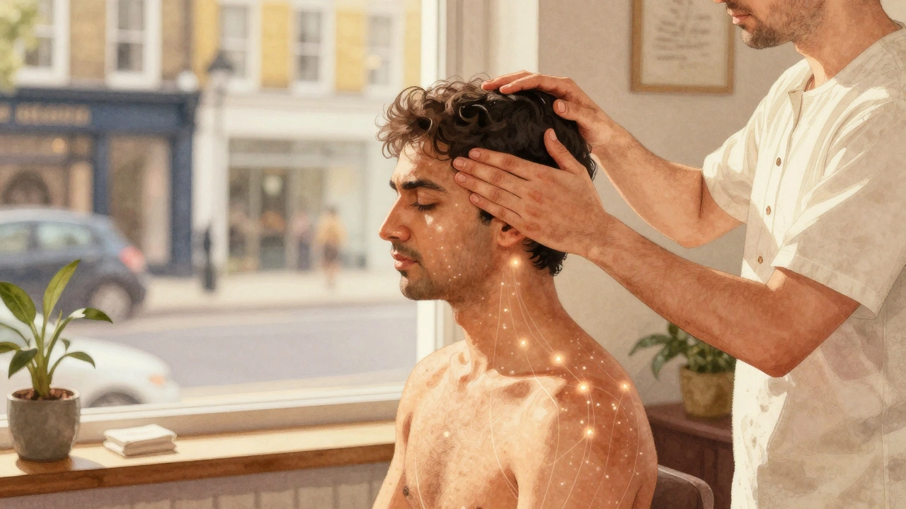 Therapist applying traditional Ayurvedic pressure to scalp, face, and shoulders.