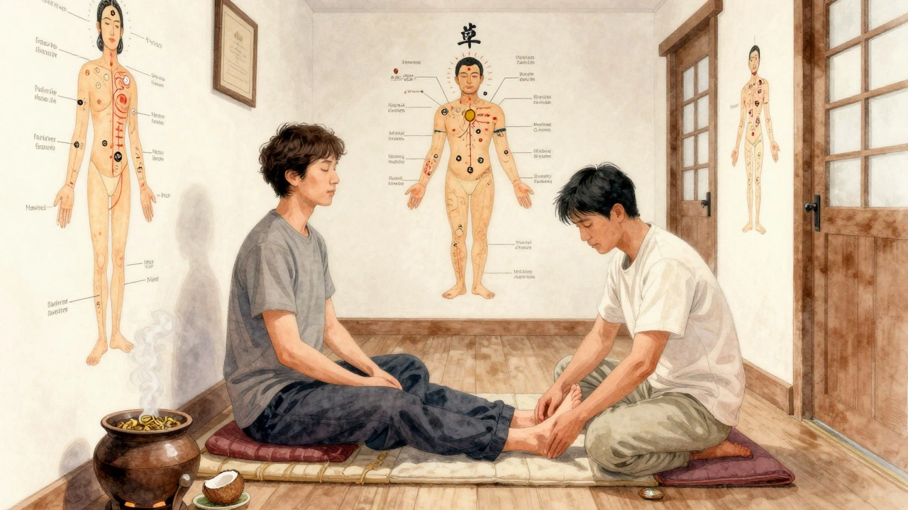 Therapist massaging a client&#039;s feet with coconut oil in a quiet Ayurvedic center.