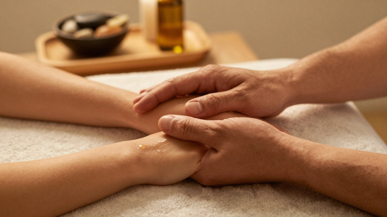 Two hands resting together after a massage, oil glistening on skin, in quiet intimacy with warm stones nearby.