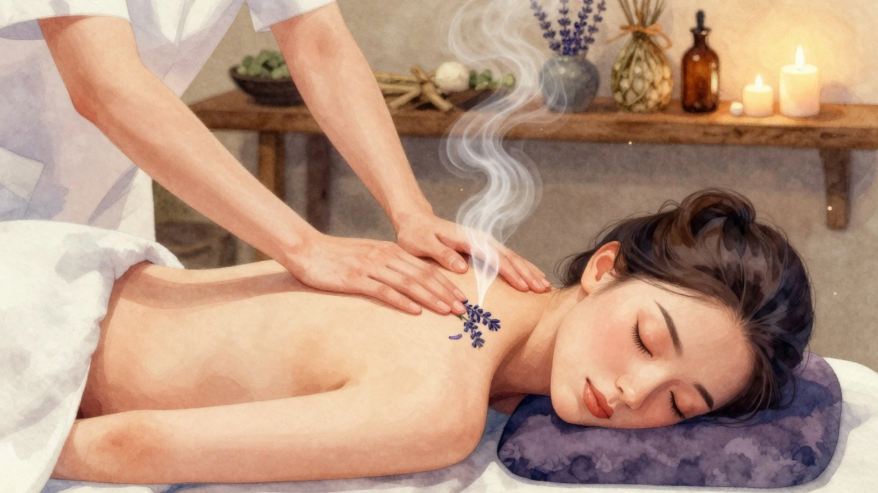 Watercolor illustration of a soothing aromatherapy massage with lavender mist and soft ambient light.