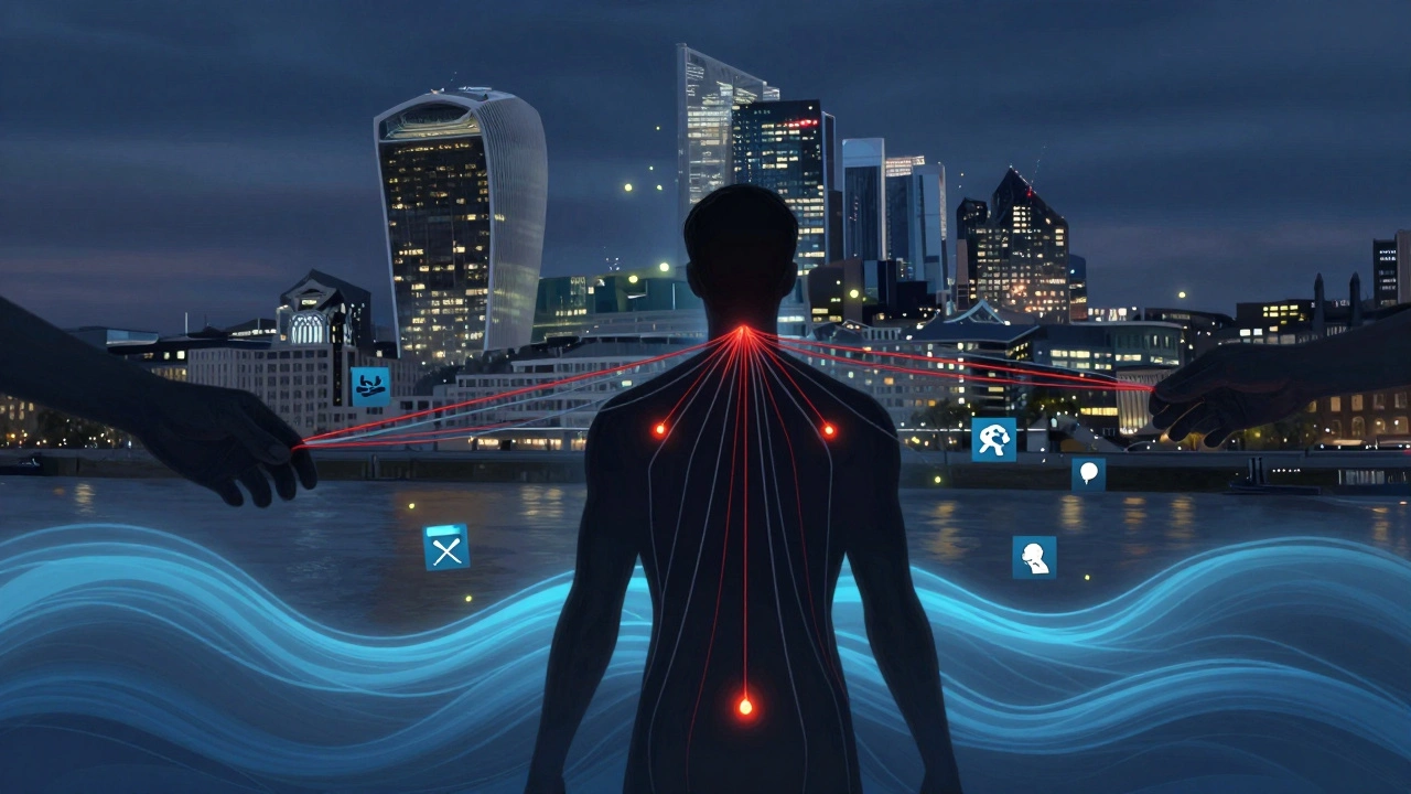 A human silhouette releases tension as glowing threads dissolve into calming blue waves over London.