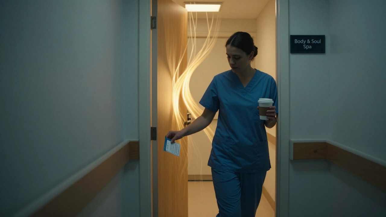 A London nurse transitioning from a stressful work shift to a peaceful massage appointment in a quiet spa hallway.