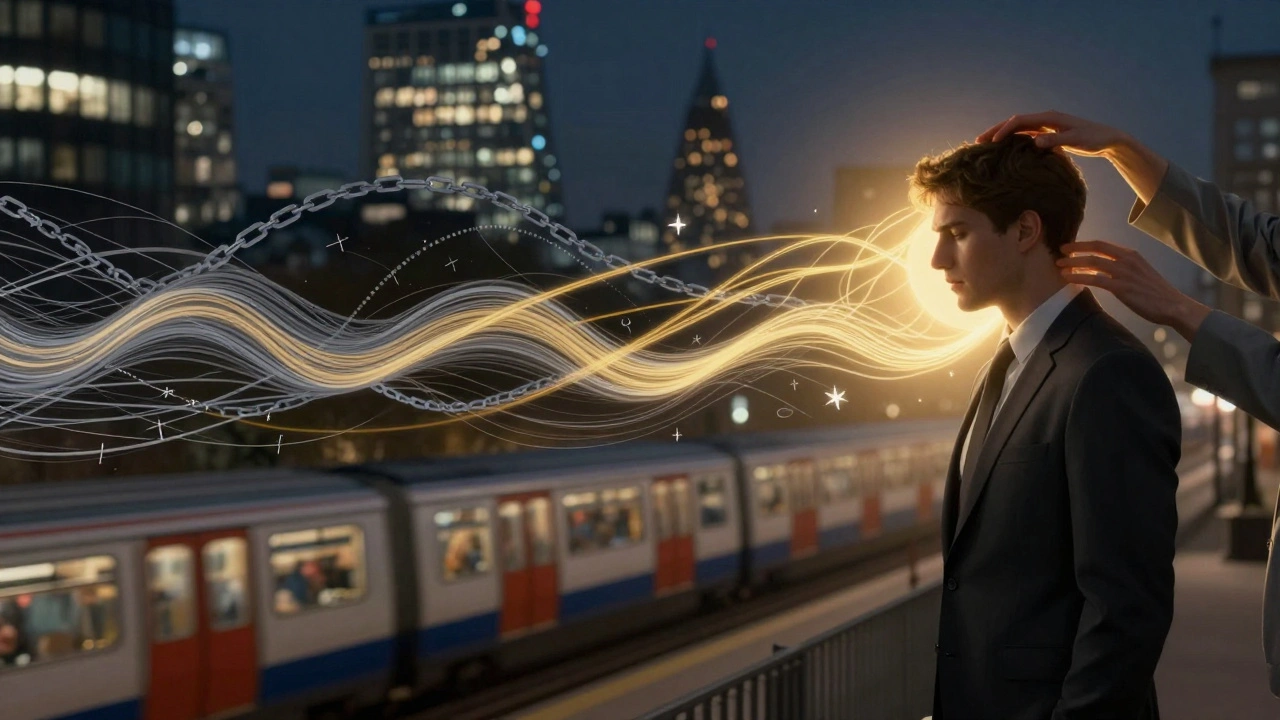 A person dissolving from tension into calming golden light, symbolizing stress relief against a London city backdrop.