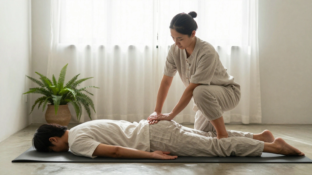 A Thai massage session in progress with therapist and client on a mat, natural light filtering through curtains.