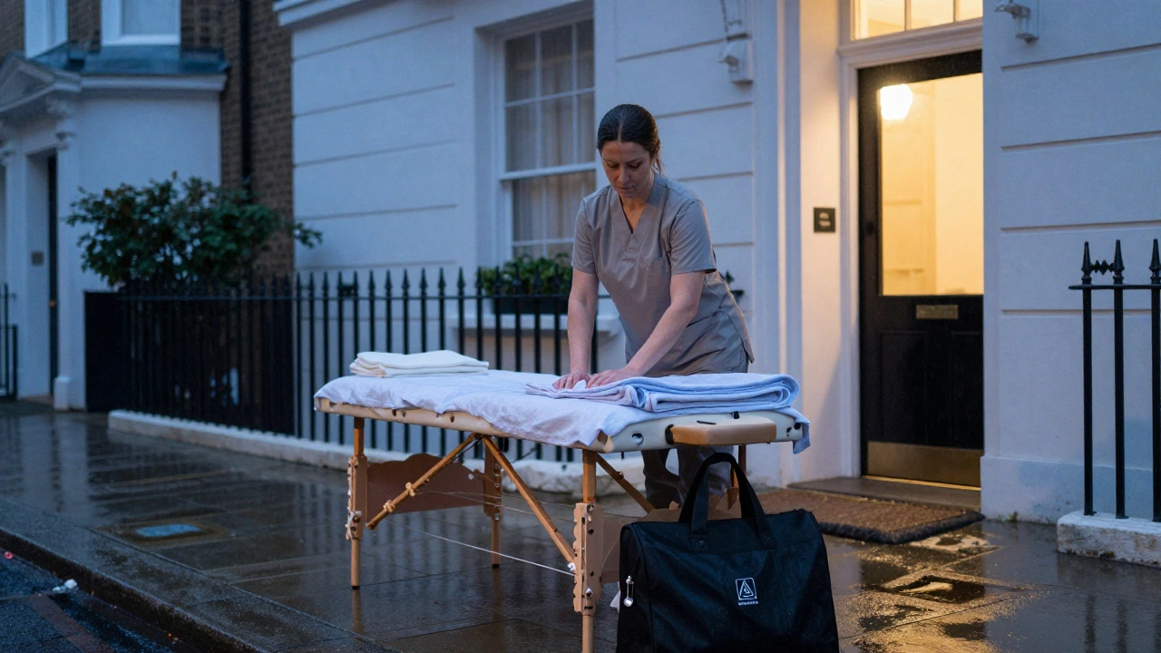 A therapist unpacking massage equipment outside a London home at twilight, ready to enter for a session.