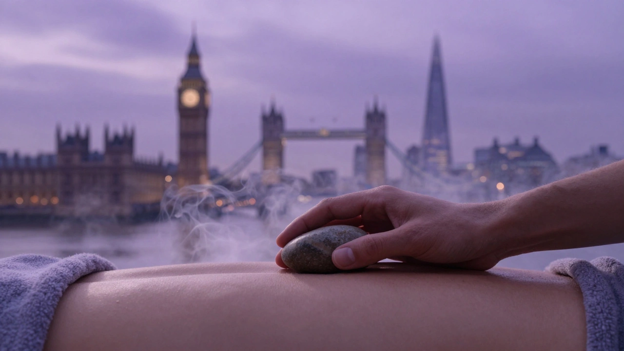 A warm stone on a back, with lavender smoke forming the London skyline, symbolizing stress melting away.