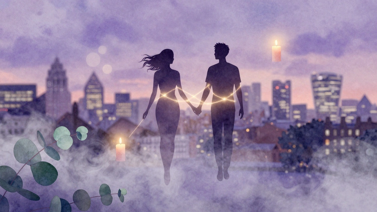 Abstract silhouettes connected by warm light in lavender mist, symbolizing shared relaxation away from city stress.