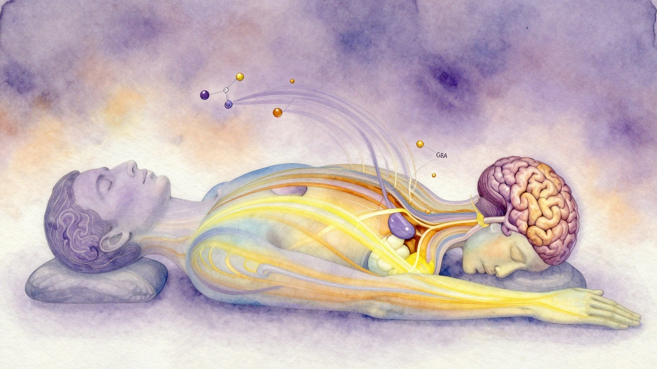 Abstract watercolor illustration showing scent molecules connecting to the brain during aromatherapy.