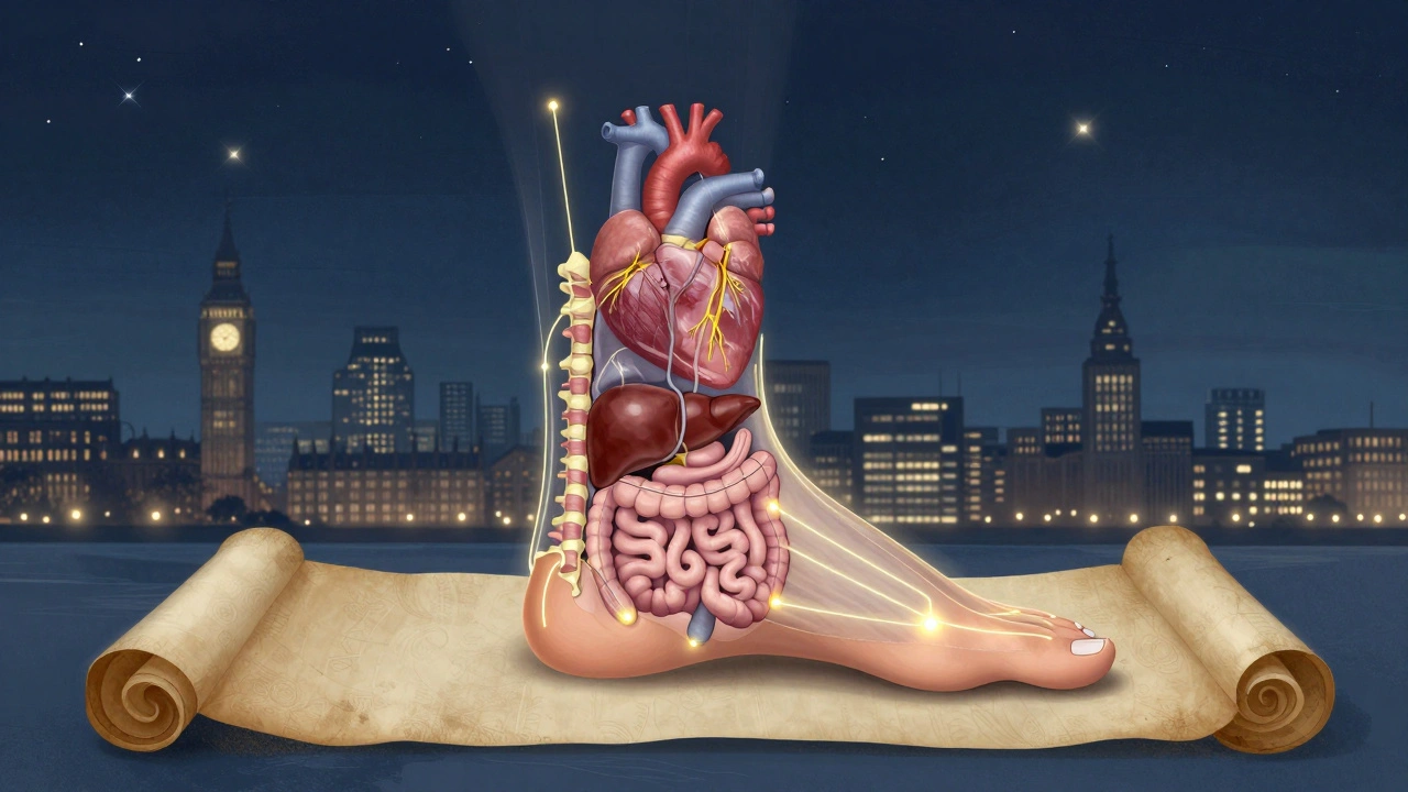 Anatomical foot with glowing reflexology points connected to internal organs in a London night scene.