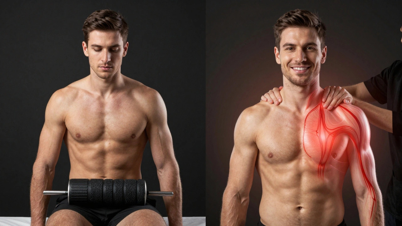 Athlete comparing foam rolling to professional massage with glowing blood flow effect.