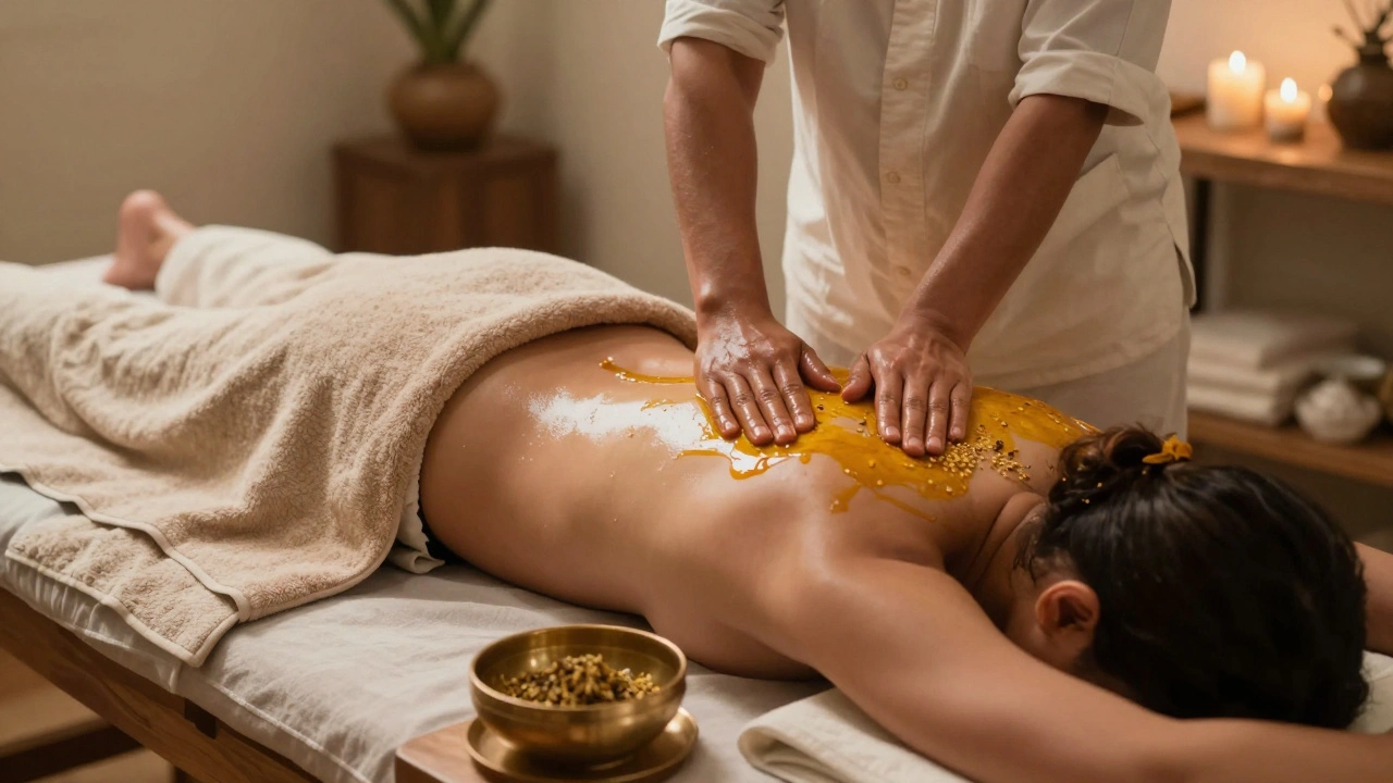 Ayurvedic therapist performing Abhyanga massage with herbal oil on a client's back in a serene, minimalist treatment room.
