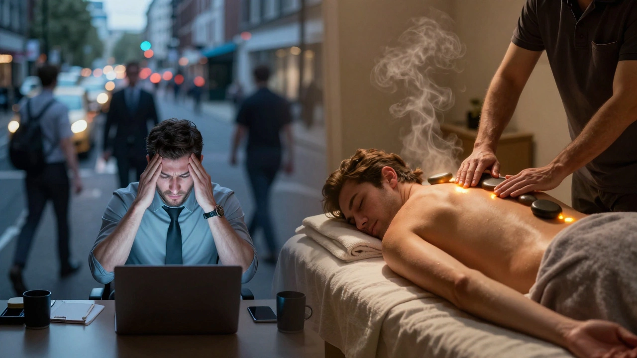 Before and after concept: stressed commuter transitioning to peaceful home massage with warm stones and relaxed posture.