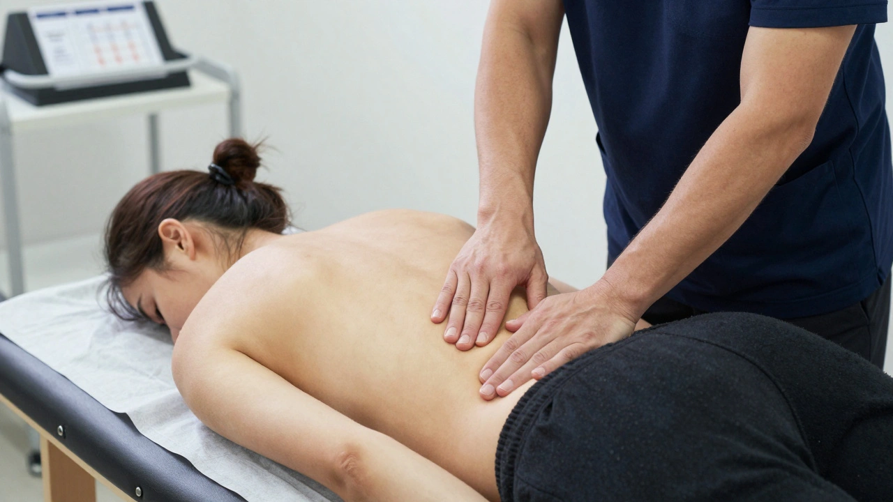 Chiropractor performing a spinal adjustment on a patient during a clinical session.