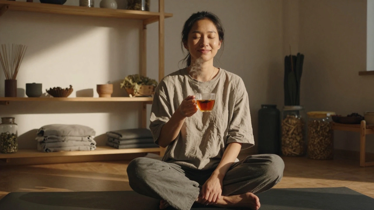 Client relaxing with Thai herbal tea after a massage session in a cozy Camden studio.