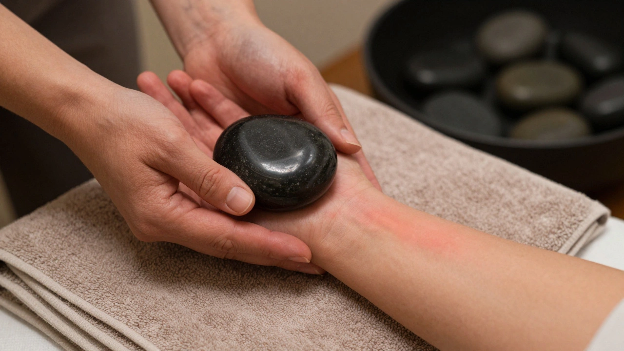 Close-up of a heated stone resting on a forearm, showing gentle warmth and smooth texture.