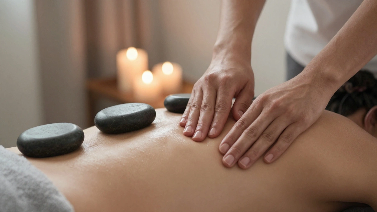 Close-up of therapist's hands using heated stones and oil on a relaxed arm during a full body massage session.