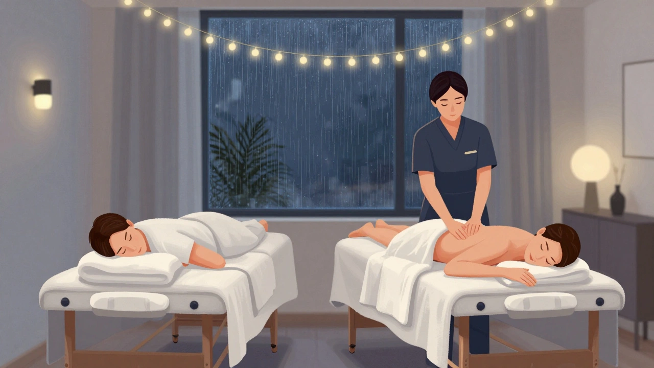 Couples receiving outcall massages side by side in a quiet bedroom with rain on the window and ambient lights.
