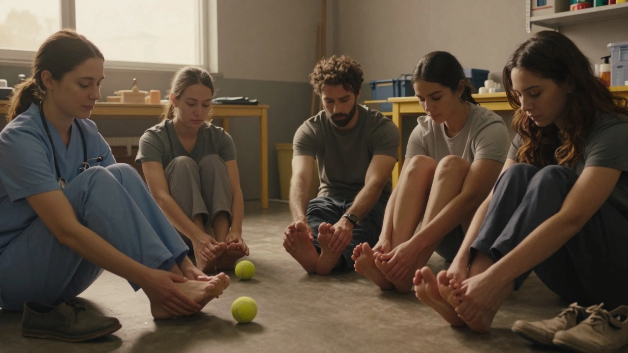 Diverse professionals gently massaging their feet after long work shifts.