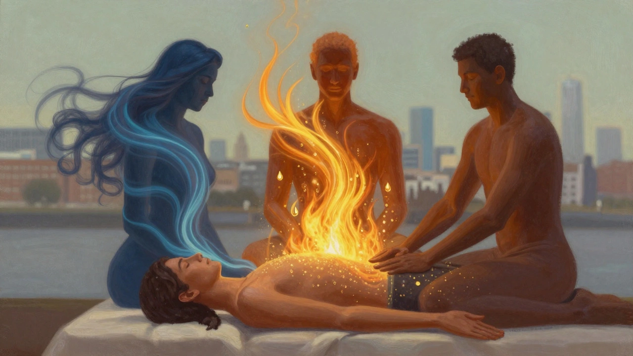 Ethereal energy streams representing Vata, Pitta, and Kapha harmonize around a person receiving Ayurvedic massage, symbolizing balance.