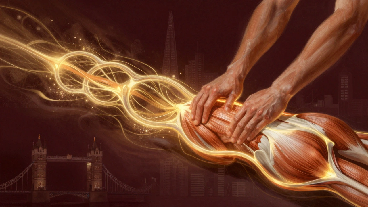 Glowing muscle fibers with energy flows, abstract representation of sports massage recovery, London landmarks faintly visible.