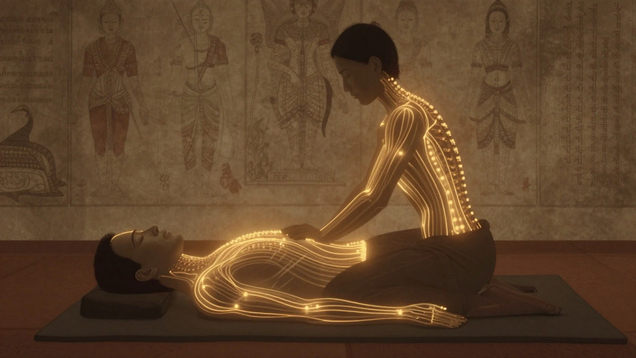 Golden energy lines flowing through a human body during Thai massage, illustrated in traditional style.