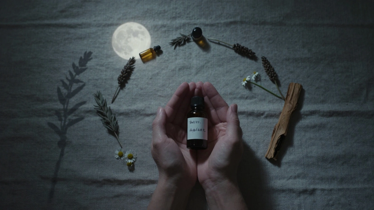 Hands holding an essential oil bottle with botanical elements forming a constellation on linen cloth.