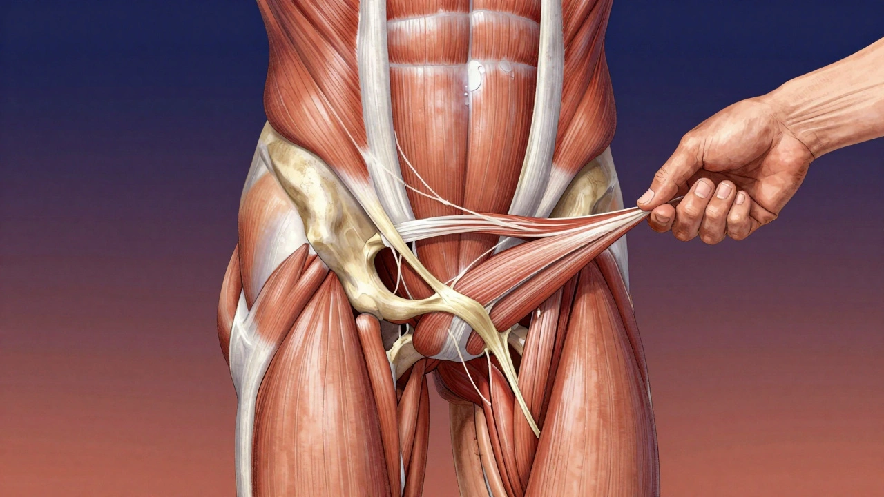 Illustration of fibrous adhesions in muscle layers being released by therapeutic hands.