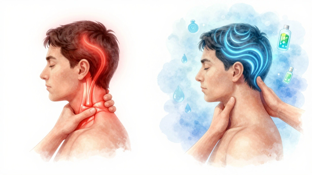 Split illustration showing tension release through calming energy during a head massage.
