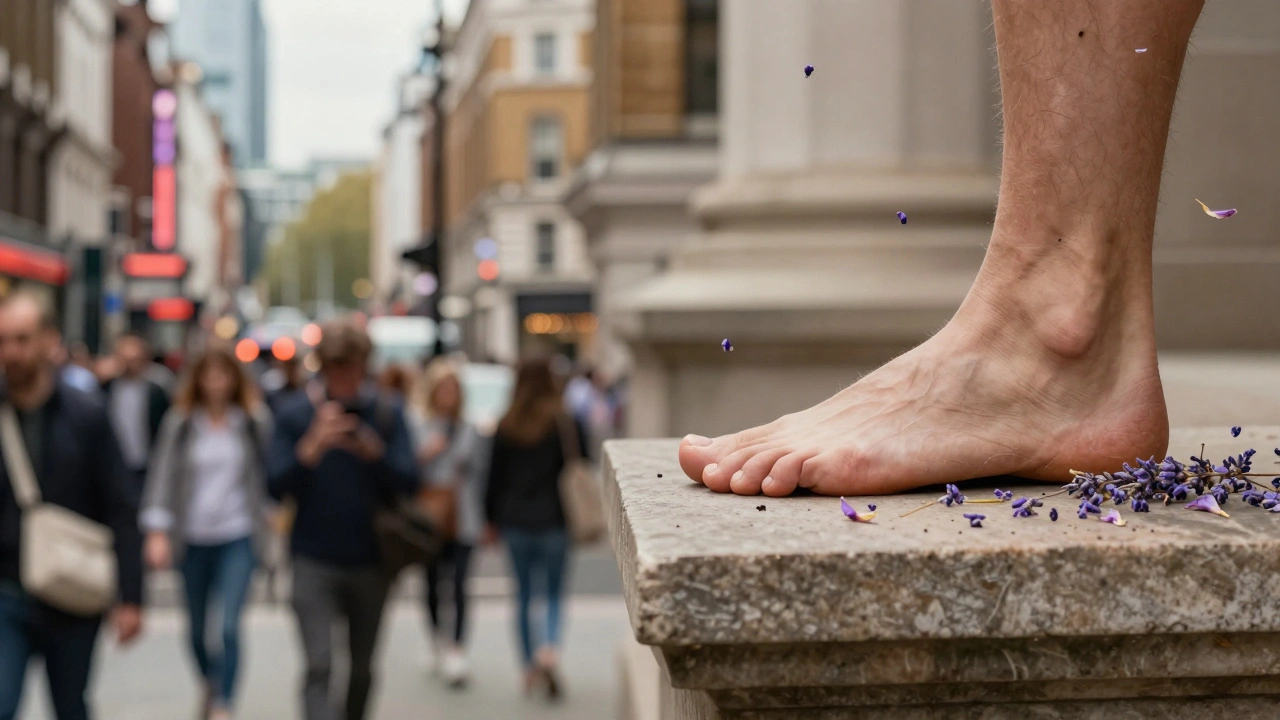 Split image: chaotic London cityscape on one side, a warm stone and lavender petals on the other, symbolizing stress relief.