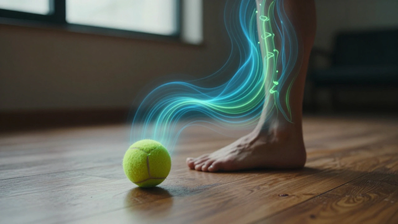 Tennis ball rolling under a foot, emitting calming energy waves symbolizing relief and circulation.