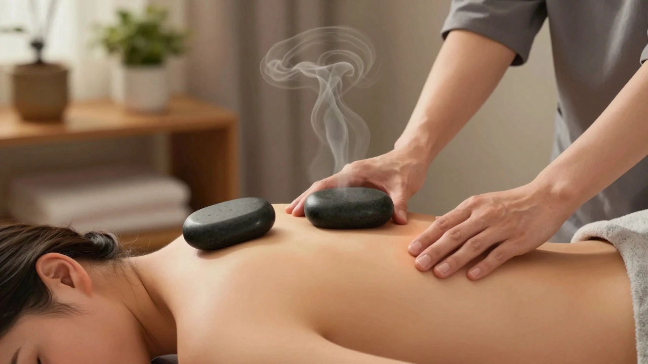 Therapist's hands gliding a heated basalt stone over a shoulder, steam rising, soft lighting creating a peaceful atmosphere.