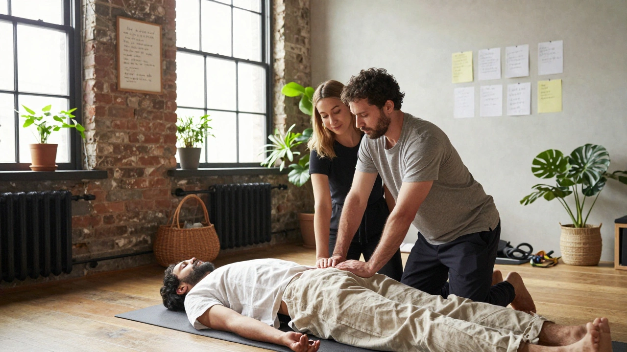 Therapist performing Thai massage on a clothed client in a minimalist Shoreditch studio with sunlight streaming in.